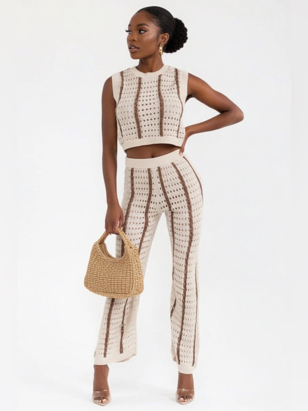 Sunset Mocha Sleeveless Knit Crop Top & Wide Leg Pants Set